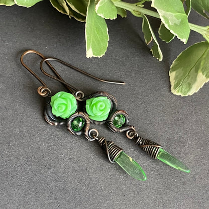 cottagecore copper green rose dangle earrings