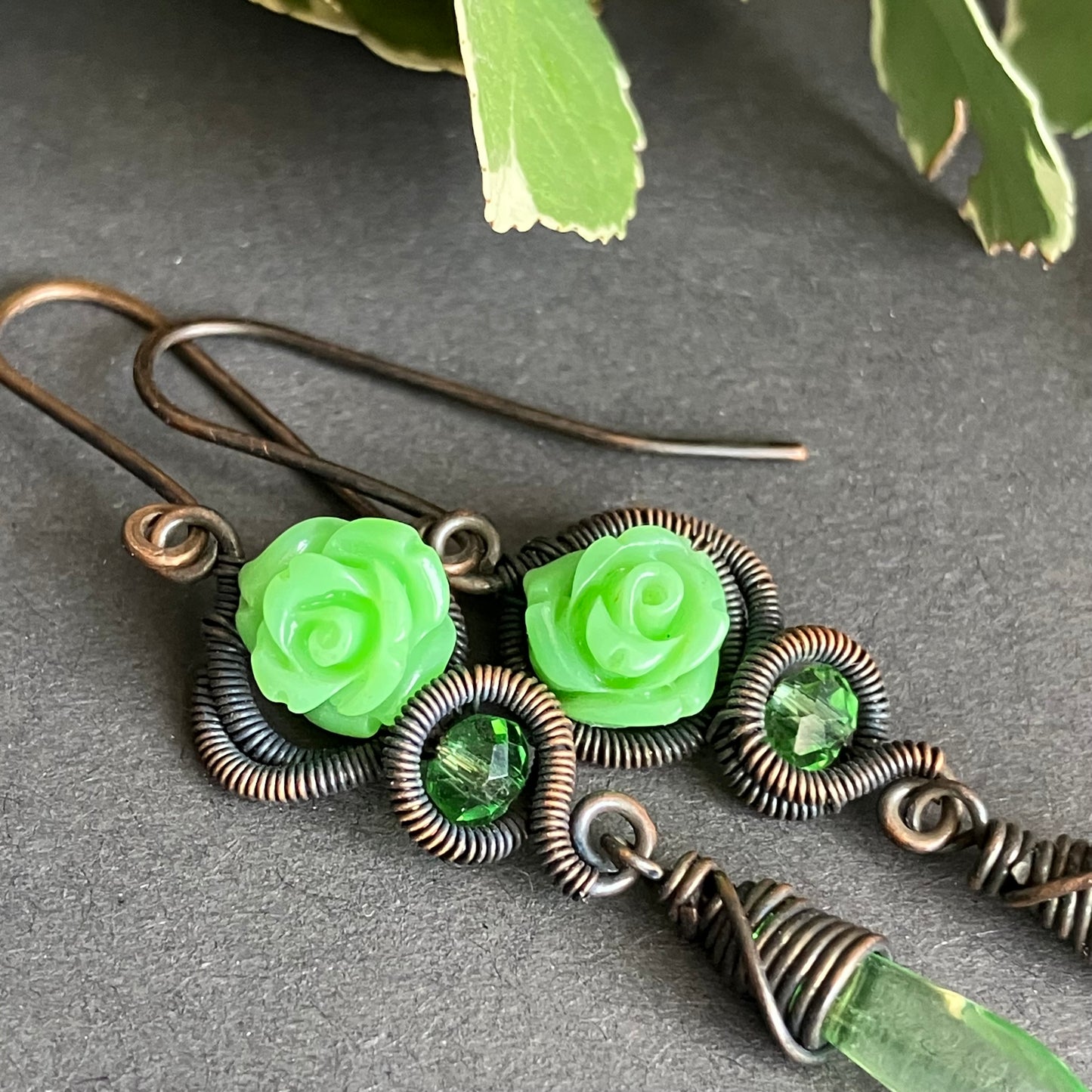 cottagecore copper green rose dangle earrings