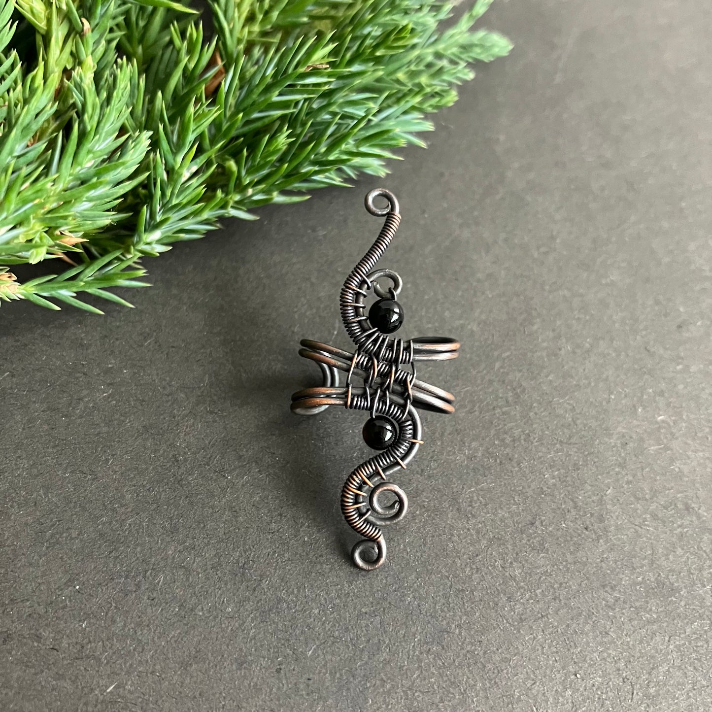 copper wire wrapped ear cuff with onyx beads