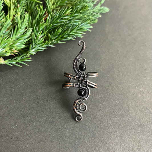 copper wire wrapped ear cuff with onyx beads