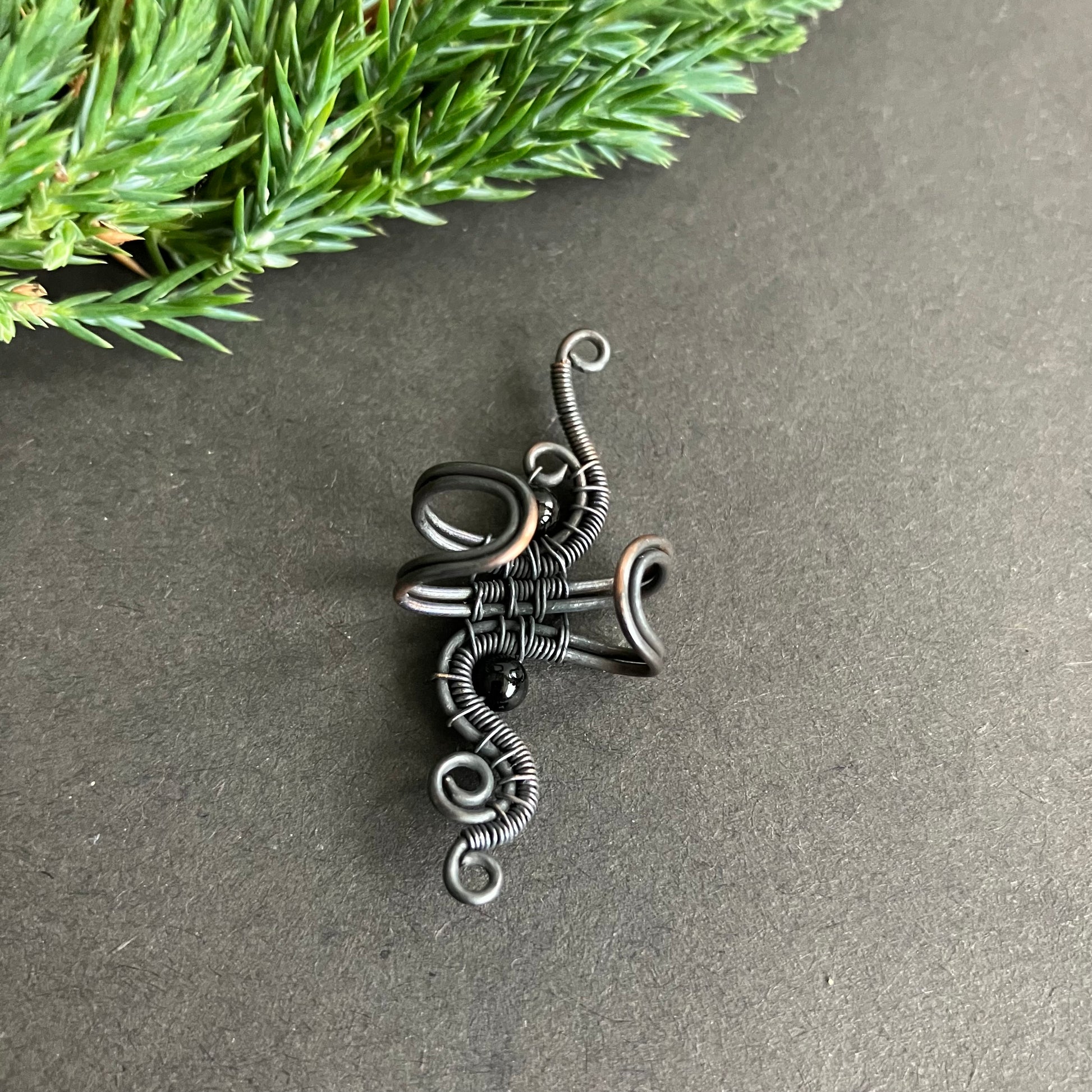 copper wire wrapped ear cuff with onyx beads