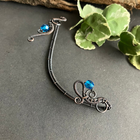 wire wrapped copper and blue earwrap