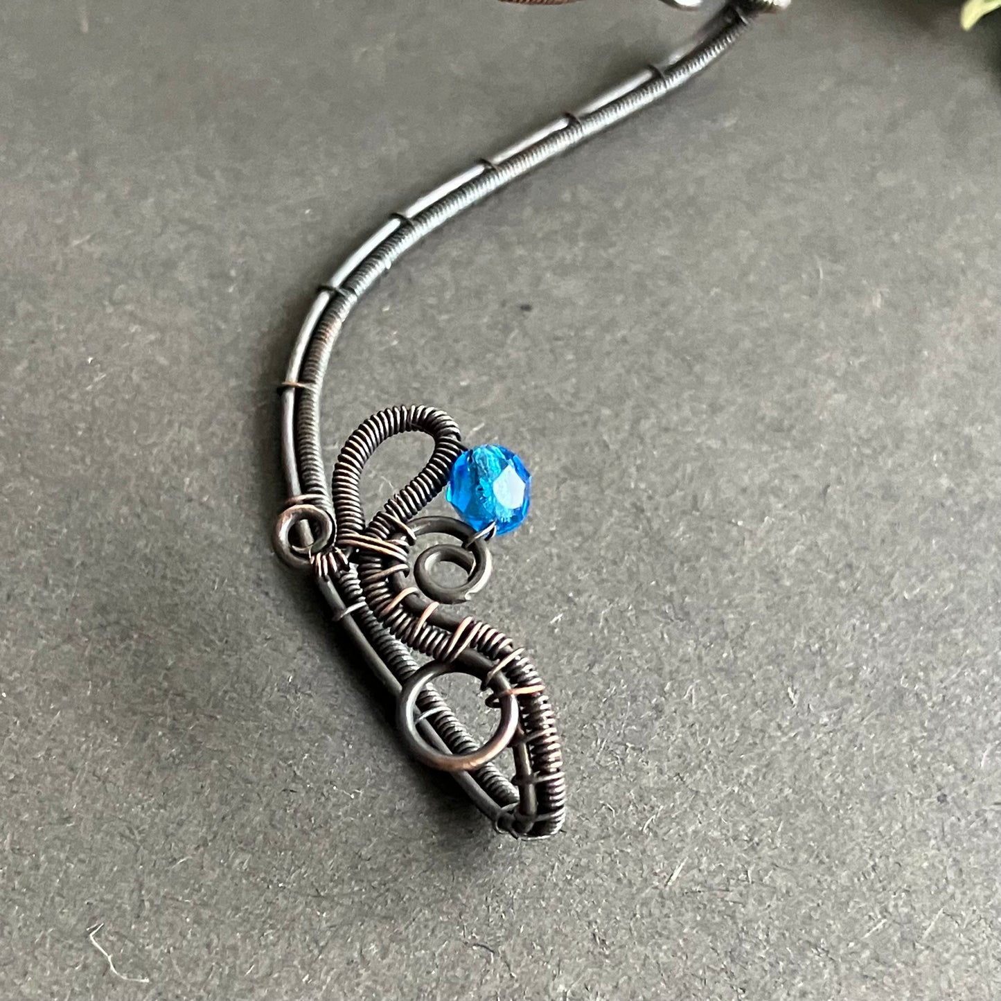 wire wrapped copper and blue earwrap