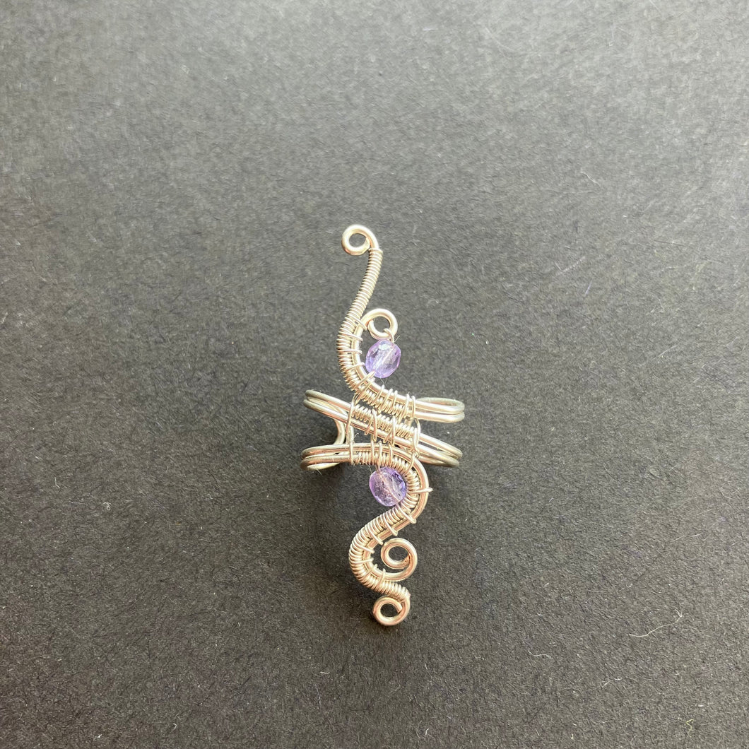 Silver plated ear cuff with purple beads