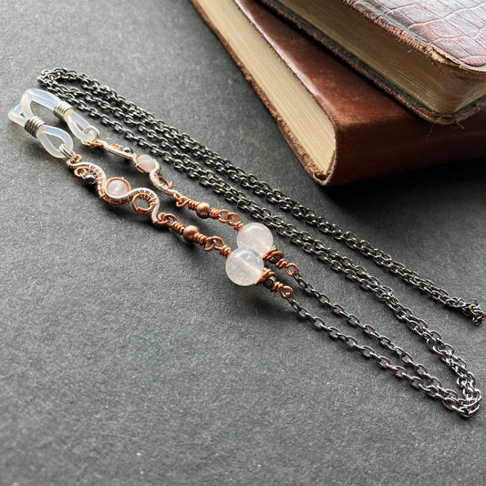 Rose quartz and hematite copper glasses chain