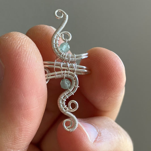 Silver wire-wrapped ear cuff with aventurine gemstone