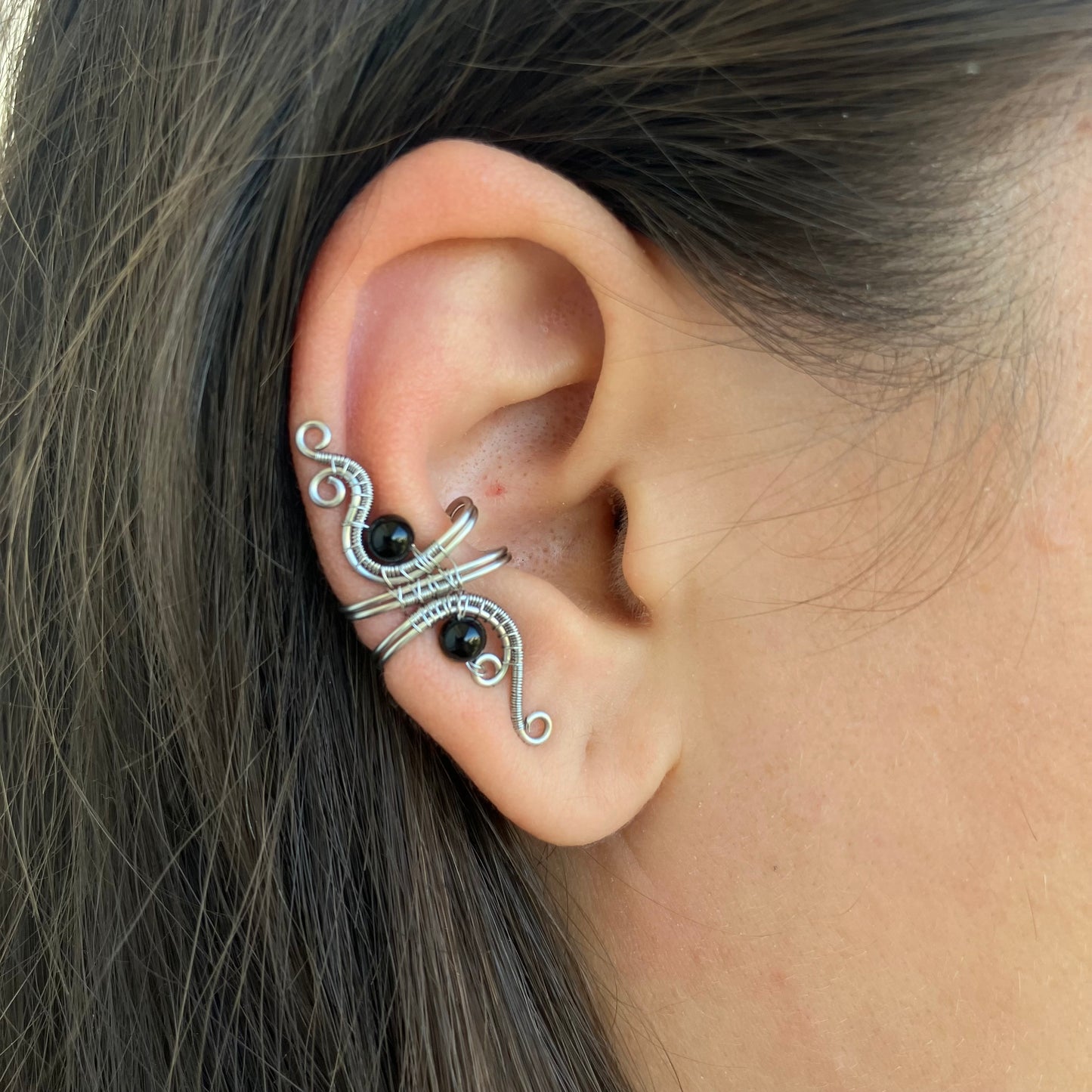 Stainless steel onyx wire wrapped no piercing ear cuff