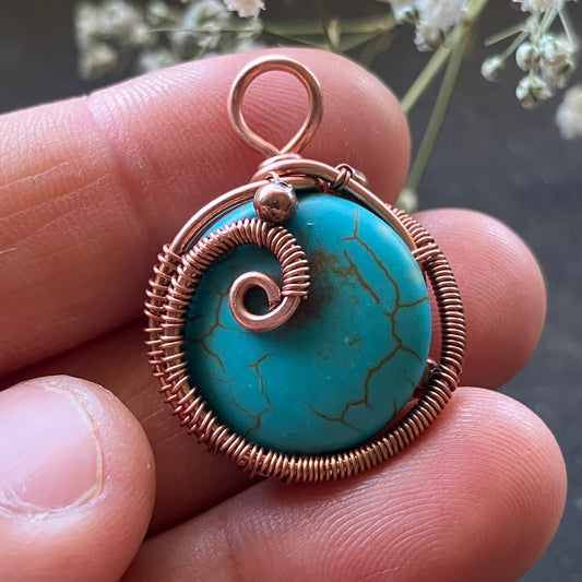 Turquoise stone pendant with copper wire wrapping