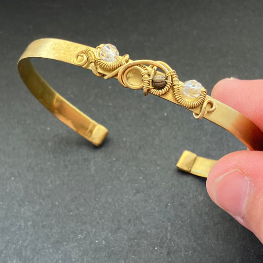 brass cuff bracelet with clear glass beads