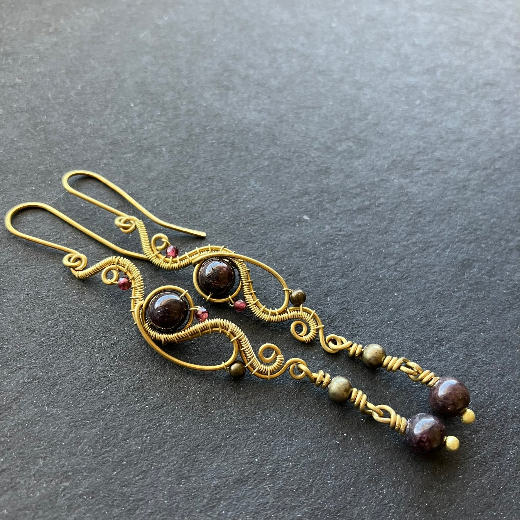 brass and garnet long earrings