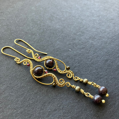 brass and garnet long earrings