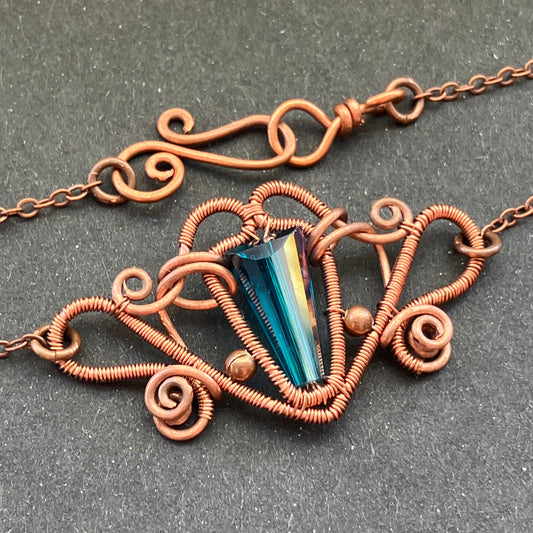 copper blue wire wrapped fantasy necklace