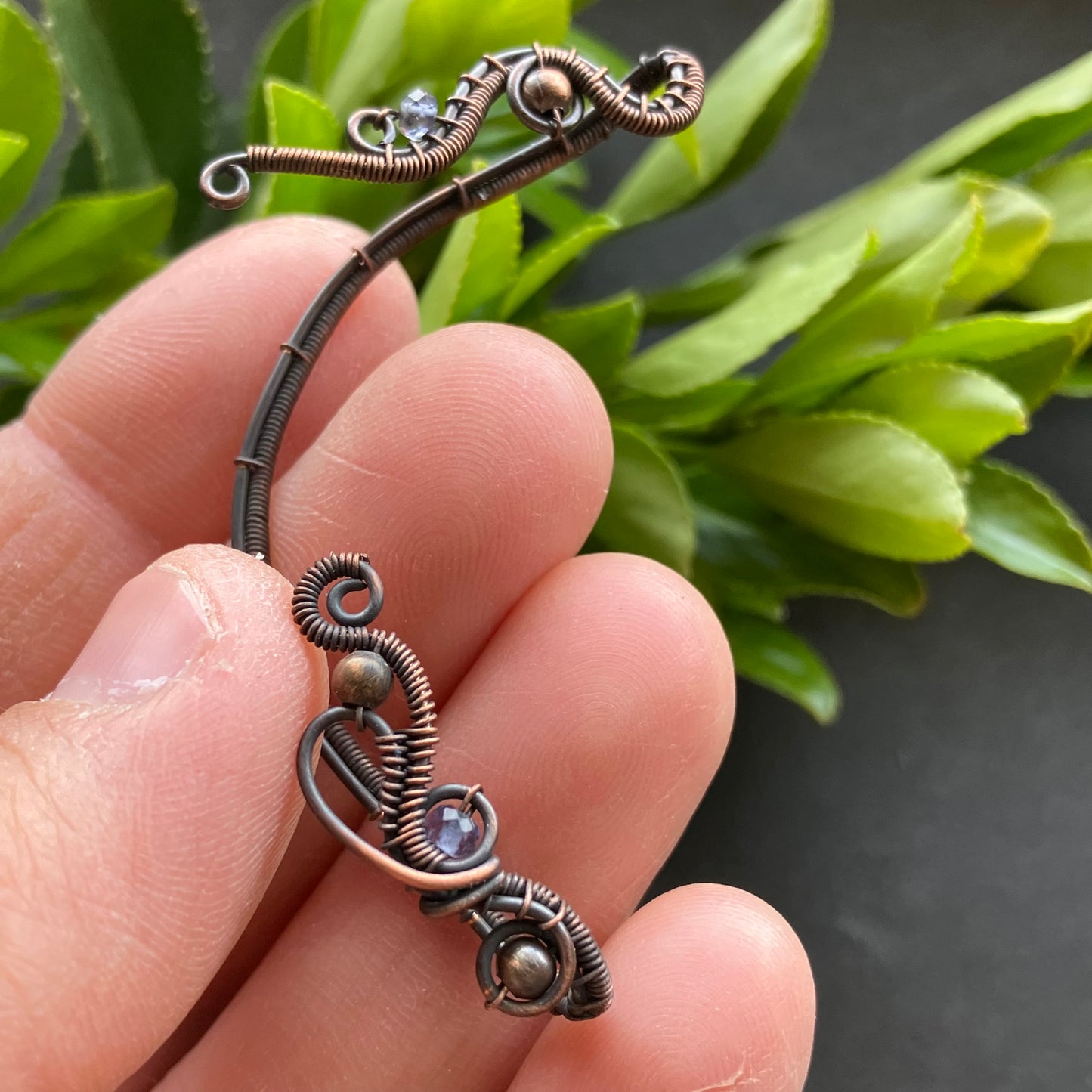 copper iolite fantasy wire ear jewelry 