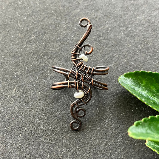 oxidised copper ear cuff and freshwater pearl