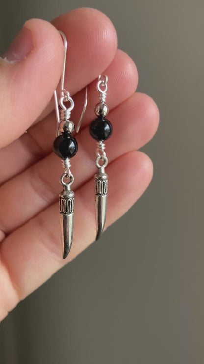 Silver plated black turmalin earrings with metal fang