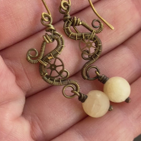 wire wrapped brass steampunk earrings with yellow jade beads