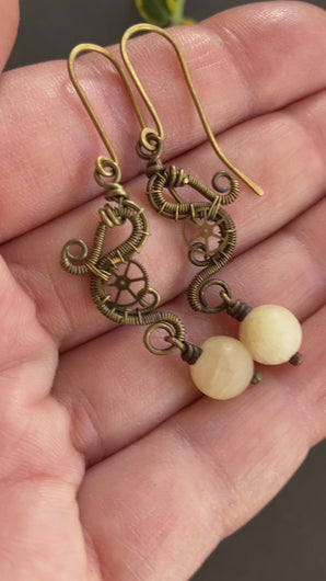 wire wrapped brass steampunk earrings with yellow jade beads