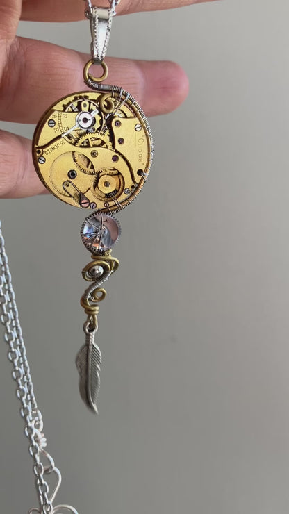 Time Flies brass stainless steel feather steampunk necklace