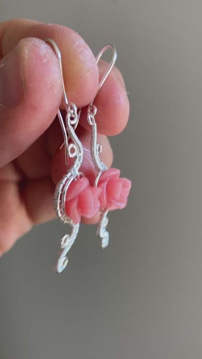 Last of Glass - silverplated pink rose earrings