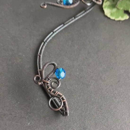 wire wrapped copper and blue earwrap