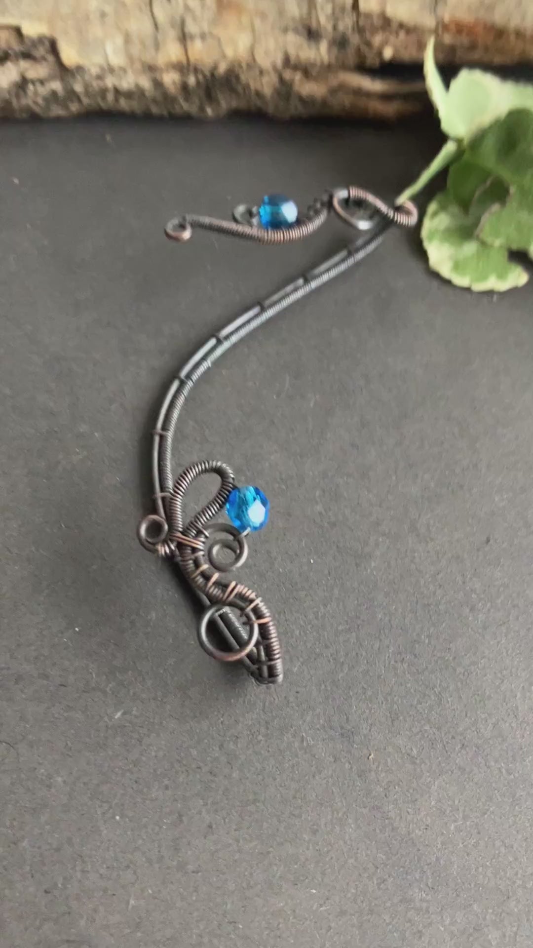 wire wrapped copper and blue earwrap