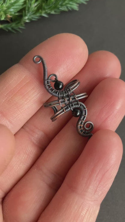 copper wire wrapped ear cuff with onyx beads