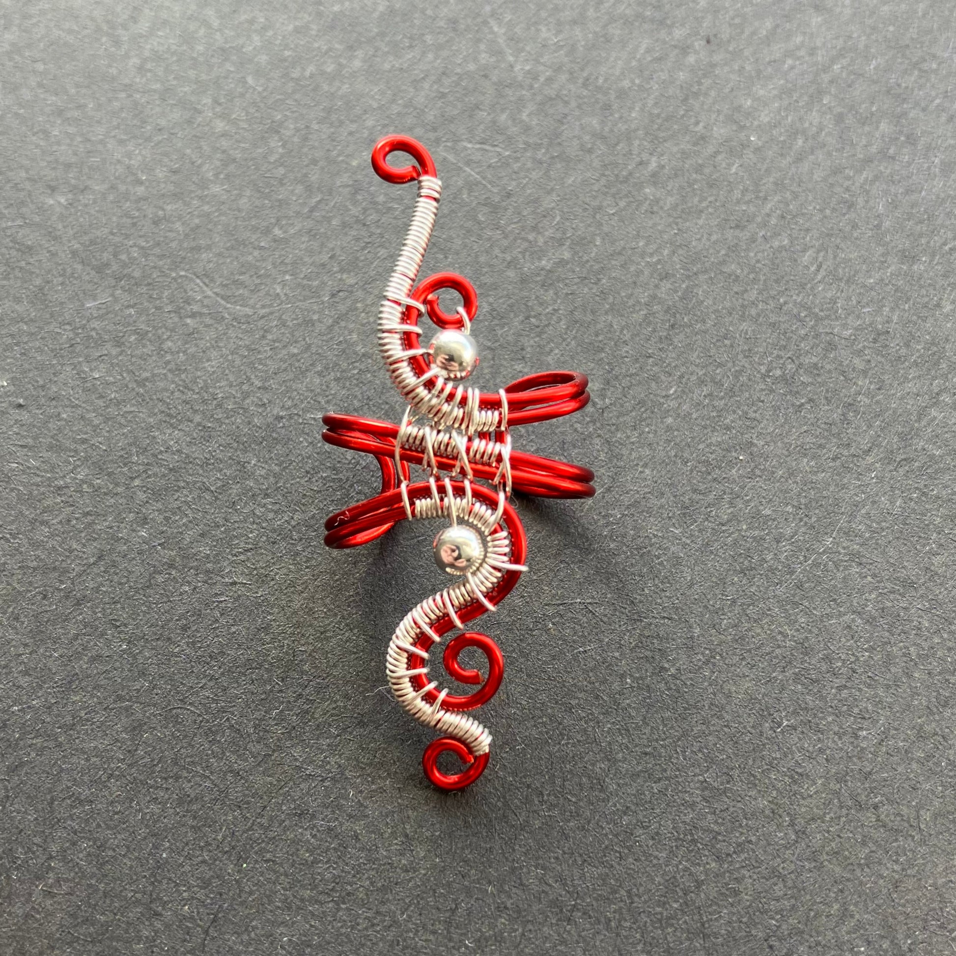 red and silver handmade ear cuff