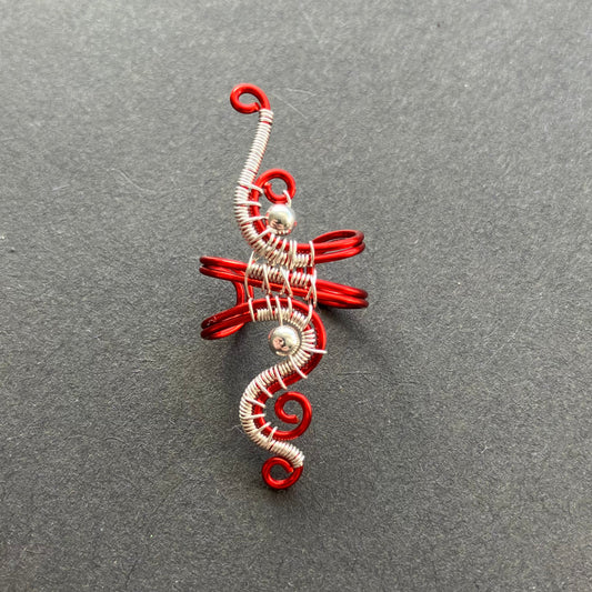 red and silver handmade ear cuff