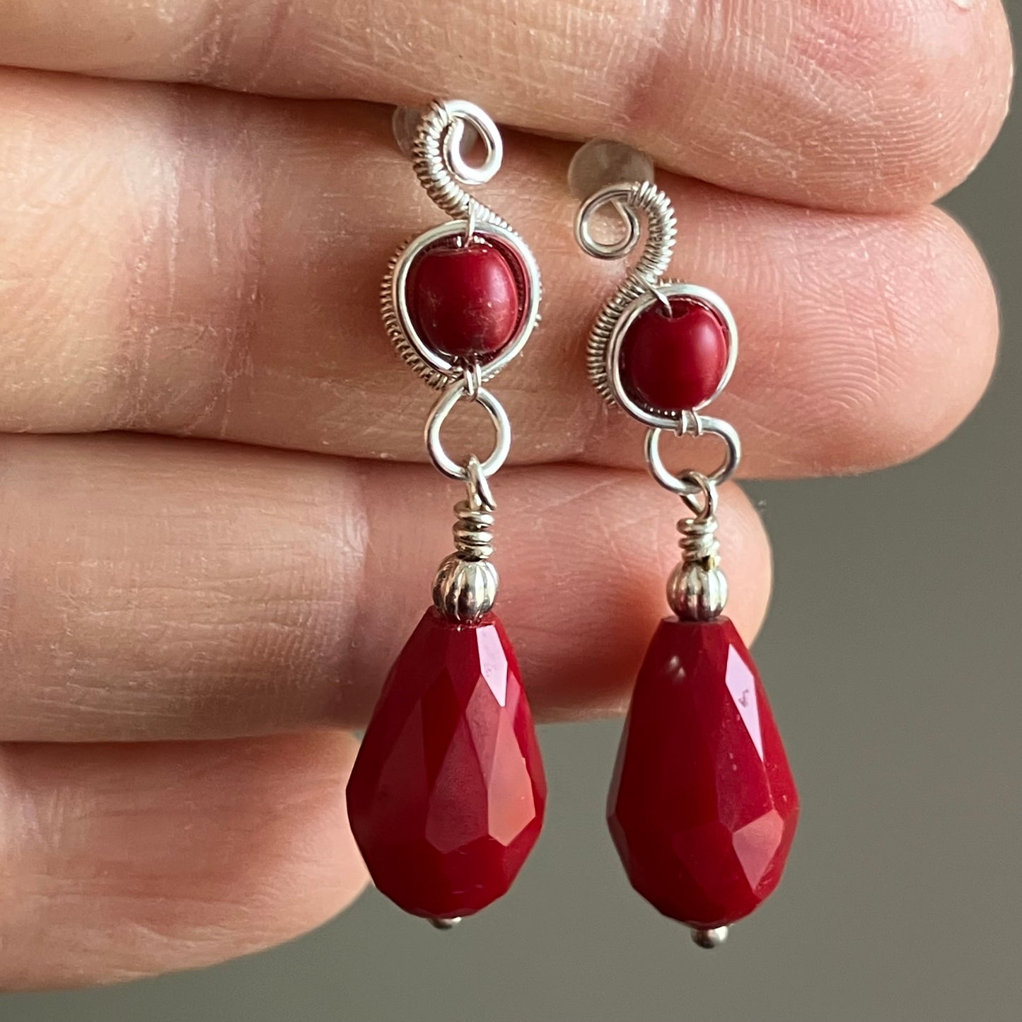 red silver drop earrings