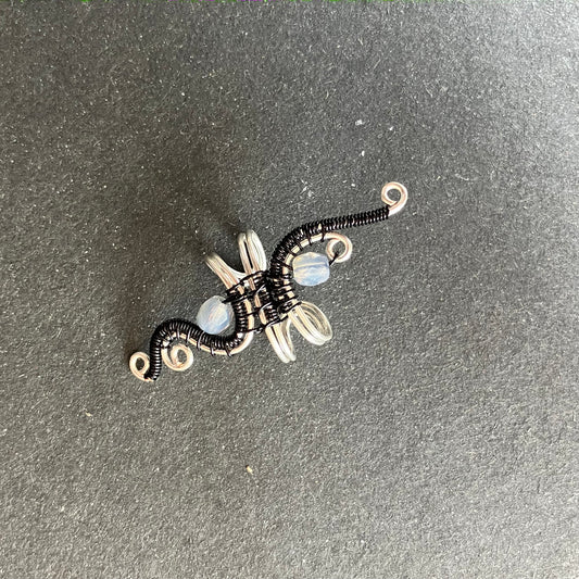 silver plated and black ear cuff with gray glass beads
