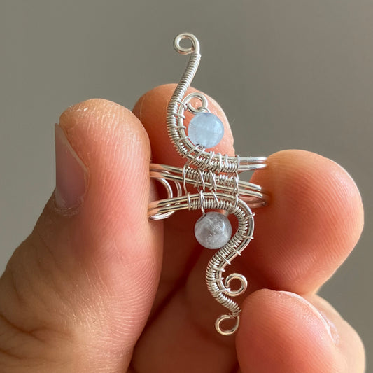 silver plated wire-wrapped ear cuff with aquamarine