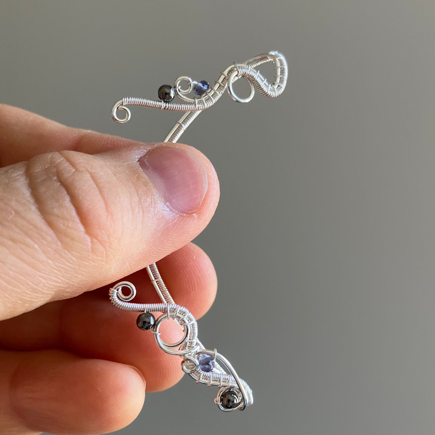 silverplated copper ear wrap with iolite beads