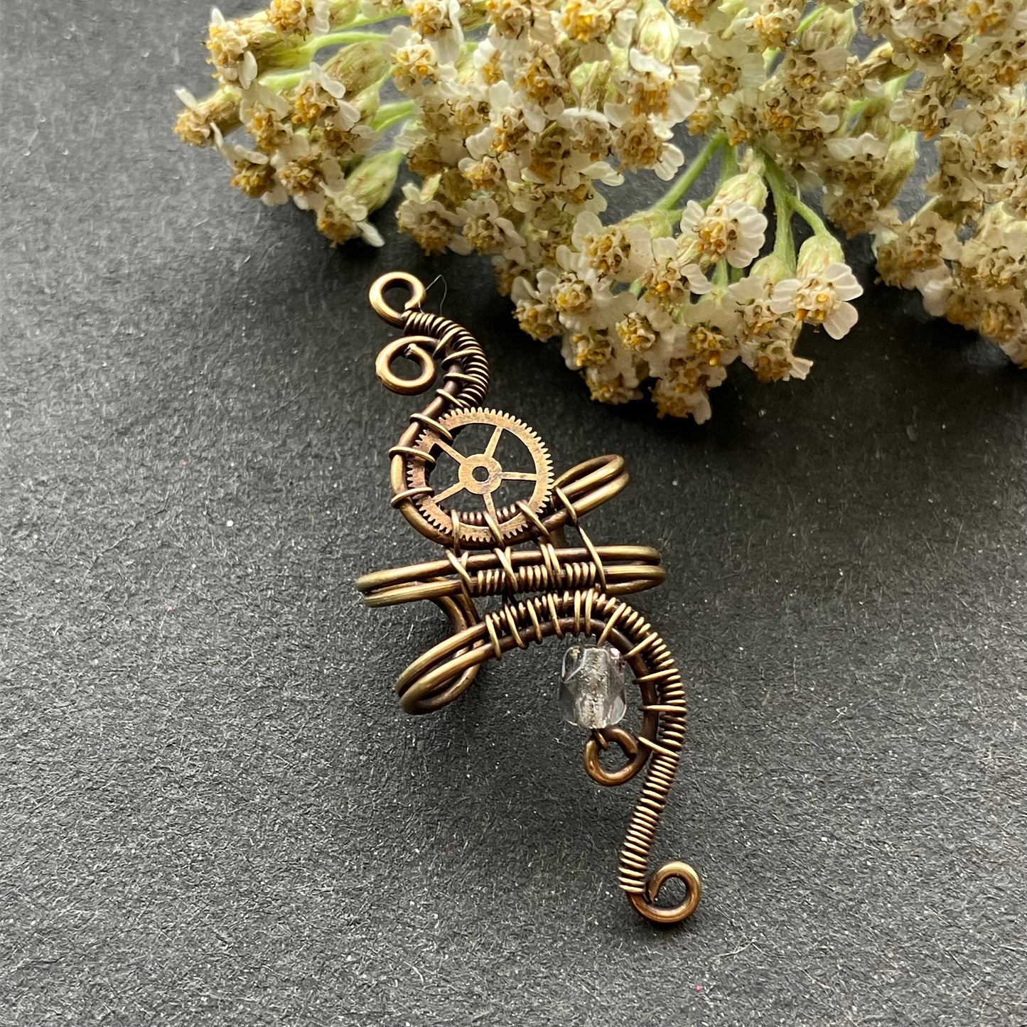 steampunk brass wire gear gray ear cuff