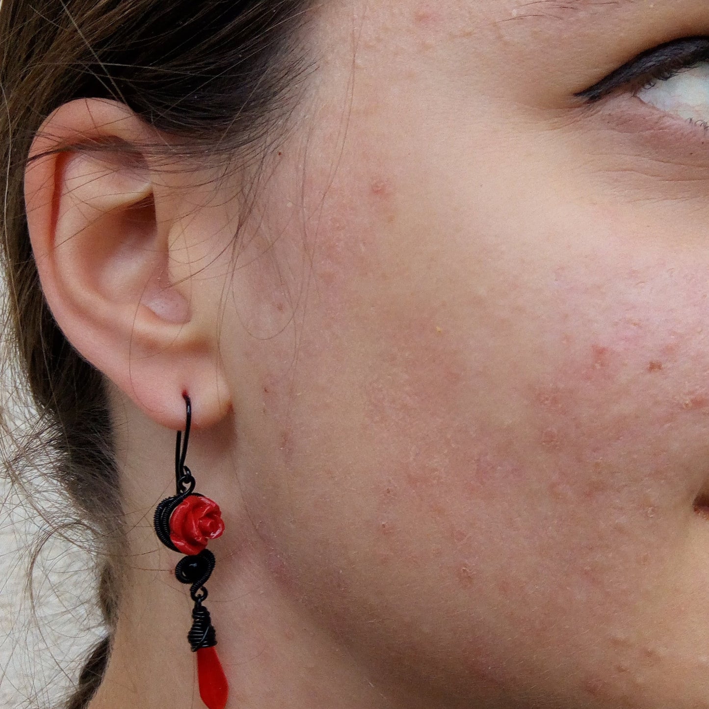 gothic black wire wrapped earring with red resin rose and red beads