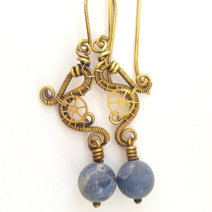 brass wire wrapped dangle earrings with gears and sodalite beads