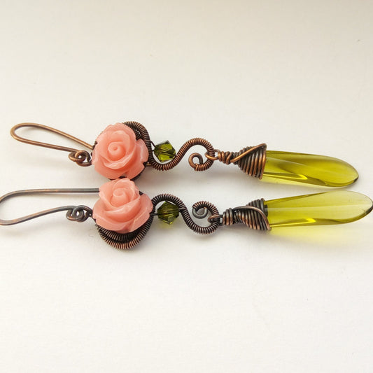 romantic cottagecore wire wrapped copper earrings with peach resin rose amd green glass beads