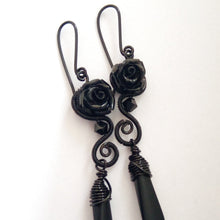 Load image into Gallery viewer, romantic gothic black rose dangle earrings
