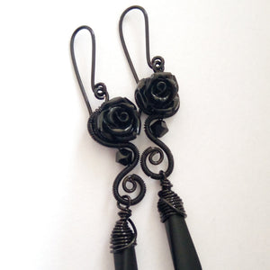 romantic gothic black rose dangle earrings