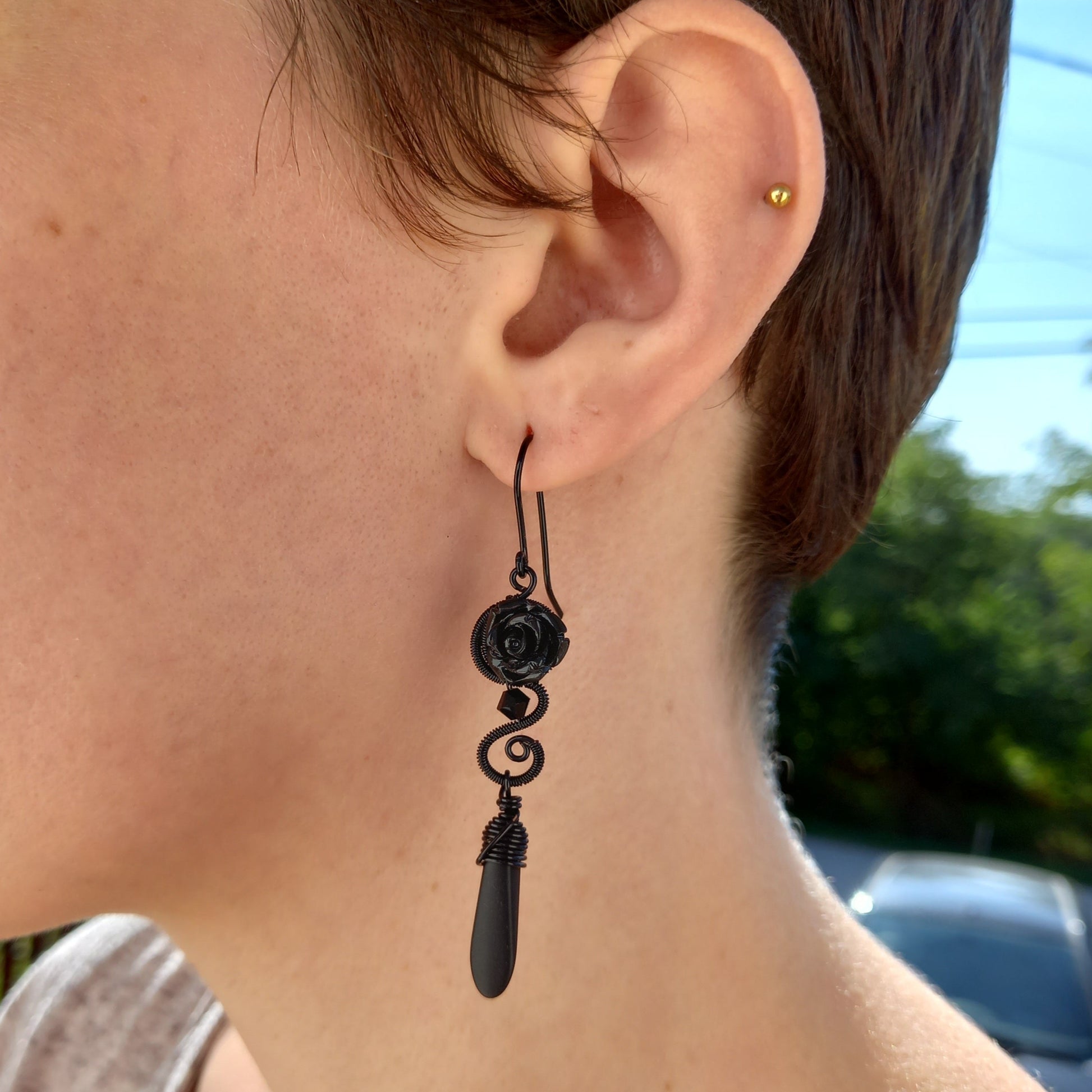 romantic gothic black rose dangle earrings
