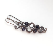 Load image into Gallery viewer, wire wrapped silver dangle earrings with blue sandstone beads
