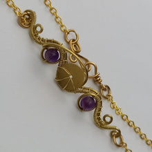 Load image into Gallery viewer, steampunk brass neclace with wire wrapped pendant and amethyat beads
