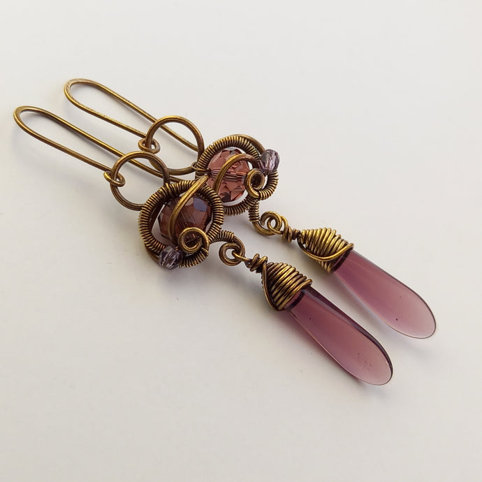 dark academia wire wrapped dangle earrings with translucent purple beads