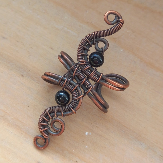 copper wire wrapped ear cuff with onyx beads