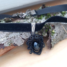 Load image into Gallery viewer, gothic black wire wrapped pendant with black glass bead on black velvet choker
