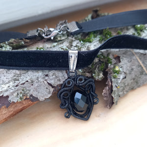 gothic black wire wrapped pendant with black glass bead on black velvet choker