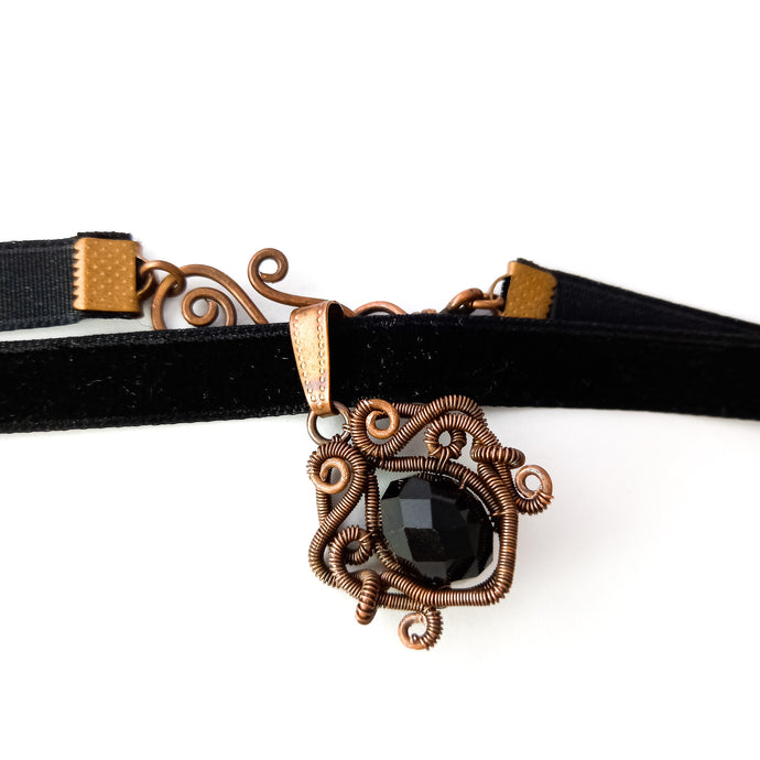 black velvet choker with wire wrapped copper pendant