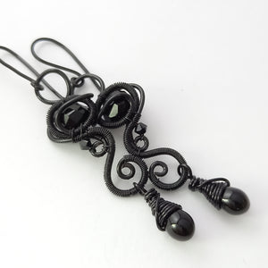 gothic wire wrapped black dangle earrings