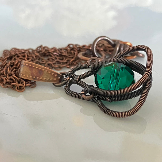 copper necklace wire wrapped green pendant