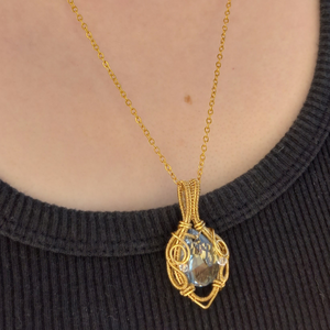 brass wire wrapped necklace with clear glass stone