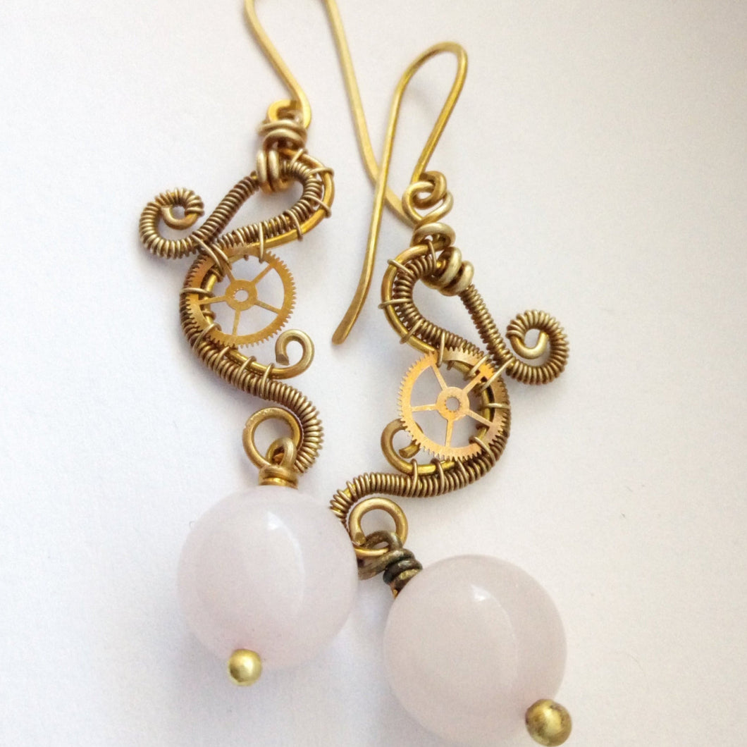 wire wrapped dangle earrings with pale rose quartz beads